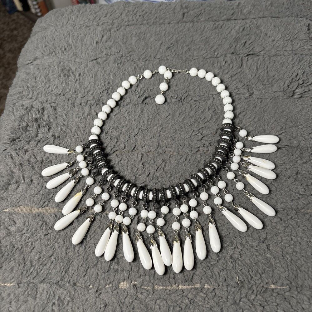 Boho Gothic Whimsigoth Dangly Fringed Necklace Black & White